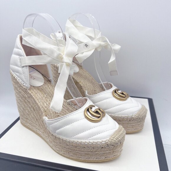 Gucci GG Marmont Platform MATELASSÉ Wedge Heels Espadrilles White Leather EU 39 - Picture 1 of 15